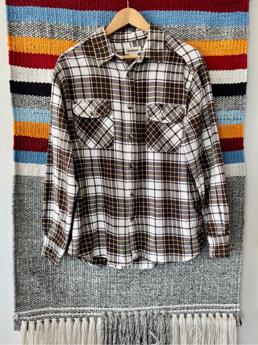 Ruff Hewn Brown & White Plaid Button-Down Shirt with Subtle Yellow Stripes